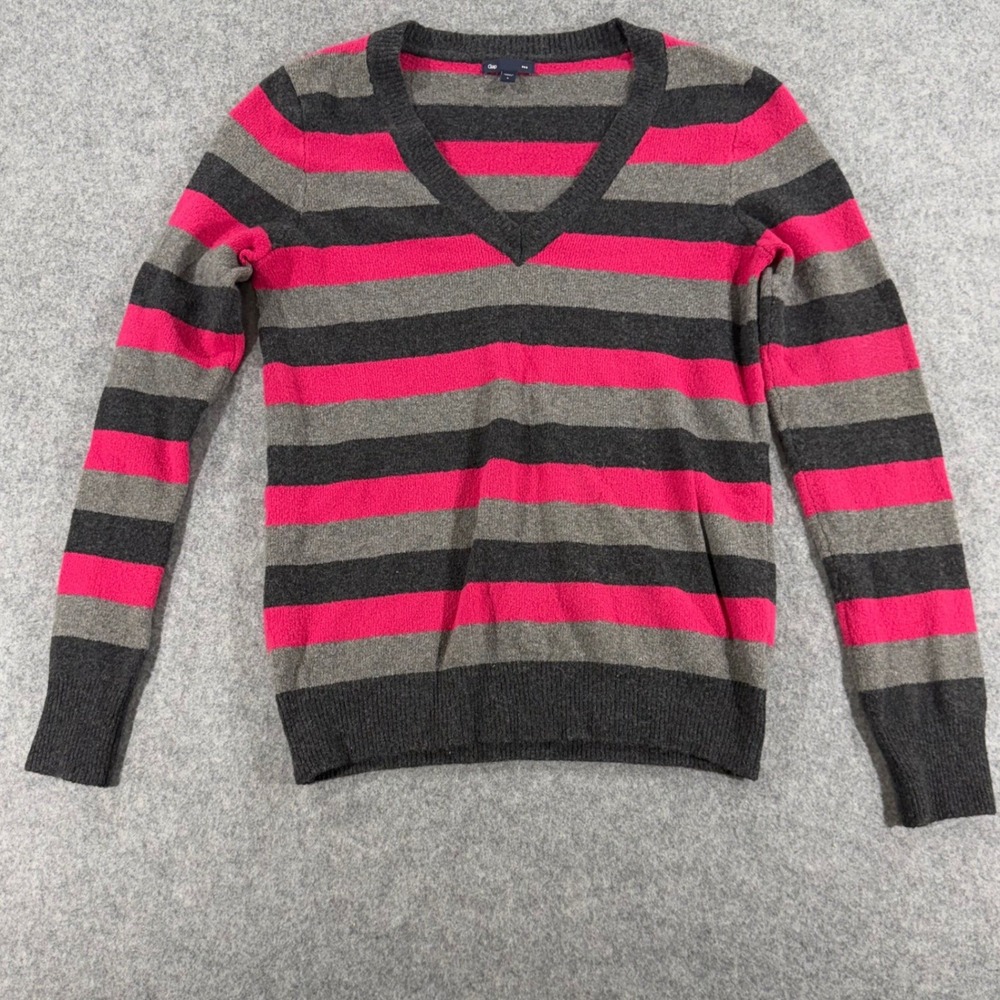Gap Womens V-Neck Striped Sweater Gray Pink Long Sleeve Knit Top Size L